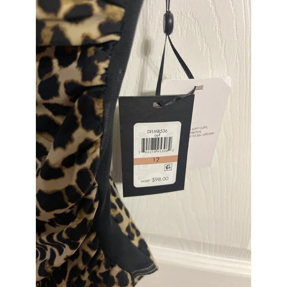 DKNY Women's Leopard-Print One Piece Swimsuit  Suntan Size 12  New with Tags - Picture 2 of 9